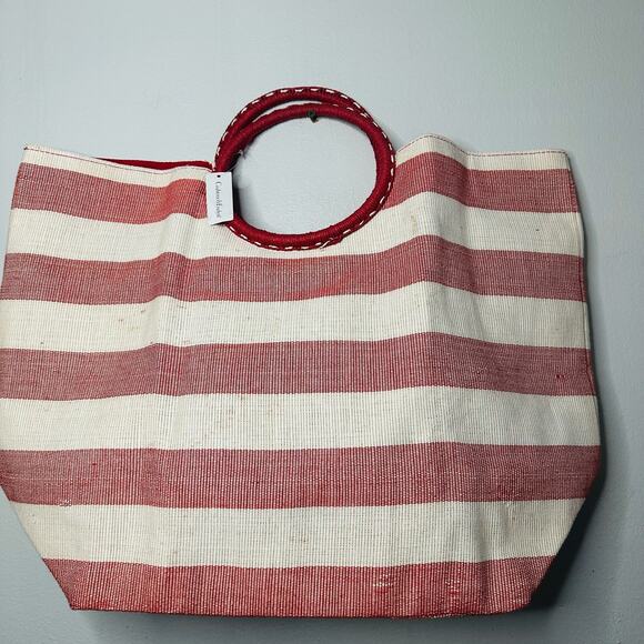 NWT CRABTREE & EVELYN Red White Striped Wrapped Circular Handles Beach Tote - Picture 5 of 9